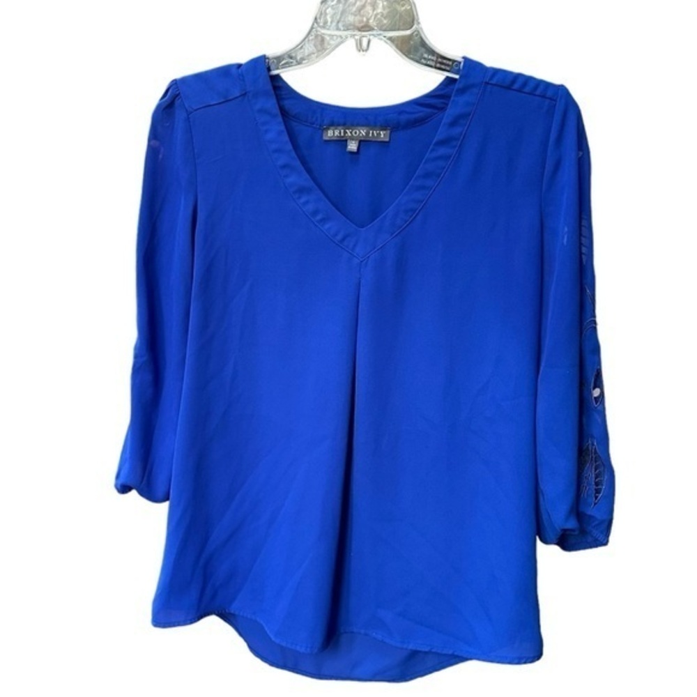 Brixon Ivy Royal Blue Cutout Eyelet Floral Sleeve V Neck Blouse Top Size S